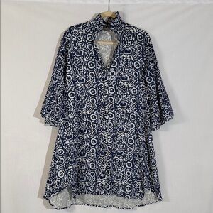 Holly Shae Designs Dress Kaftan Size L Blue White Print EUC Like New